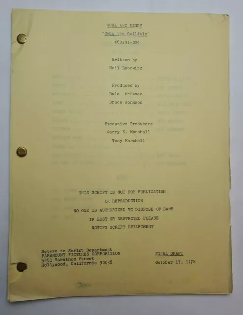 MORK & MINDY / Neil Lebowitz 1978 TV Script, Elizabeth Kerr "Mork the Gullible"