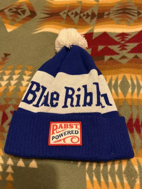 Powered Pabst Blue Ribbon PBR Beer Ski Cap Hat Beanie Pom Pom Blue White Stripe