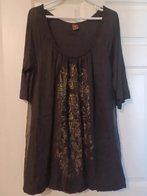 Language Womens Size XL Black Dress With Gold Foil Under Sheer Panel