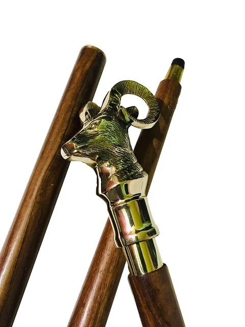 Walking Stick Brass Goat Head Handle Walking Cane Wooden Walking Stick Brass