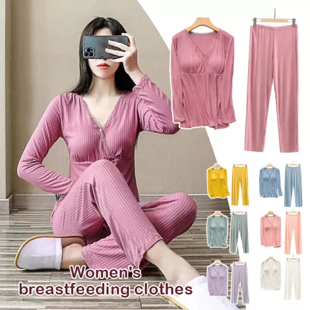 Soft Elastic Maternity Breastfeeding Nursing Pajamas Long Sleeve Tops+pants