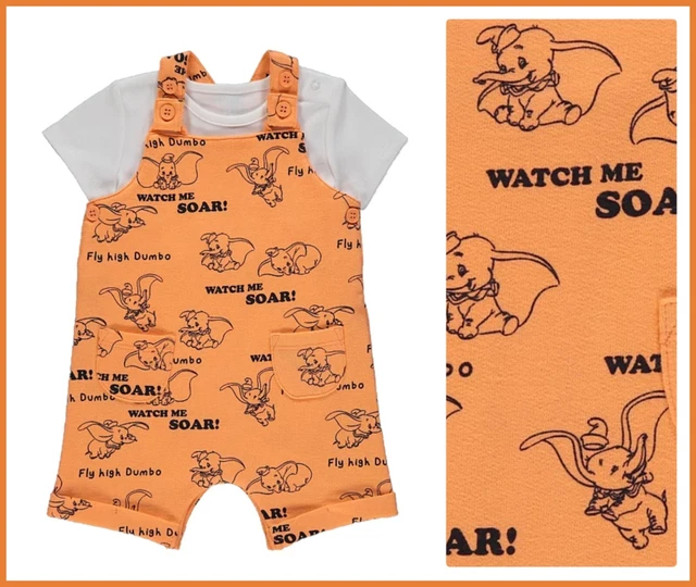 Disney Baby Dumbo Dungarees & Bodysuit Vest Set Boys Girls Outfit 0-3 Months NEW