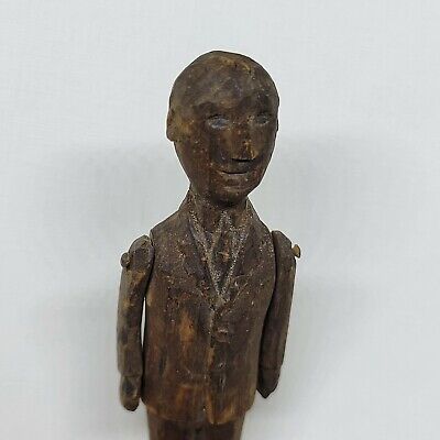 Antique Carved Folk Art Man Figure w Articulated Arms, From Rural Nova Scotia