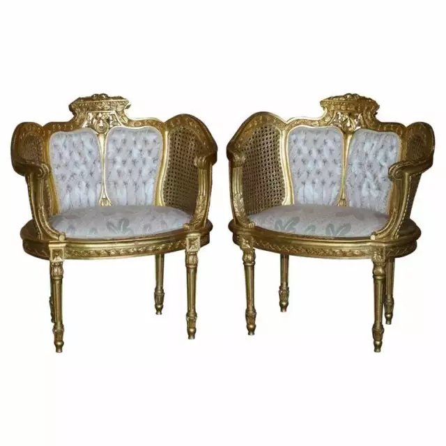 Antique Pair Of Napoleon Iii Circa 1870 Gold Giltwood Bergere Armchairs Louis