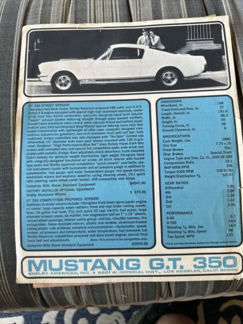 1967 Ford Mustang Shelby Specs Sheet G.T. 350 - Street & Competition Version