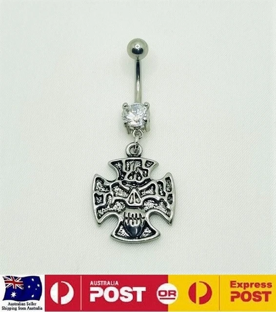 Skull On Cross Dangle Belly Bar 14g 316L Surgical Steel Gem Bar Cross Navel Bar