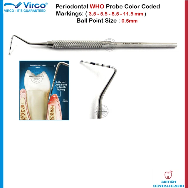 Sonde Parodontale à Bille (WHO Probe) Codée Couleur - Acier Inoxydable, Neuf, Pour Dentiste/hygiéniste