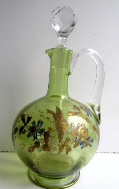 Carafe aiguière cristal vert et Or émaillée Legras: Fleurs et Oiseau en vol