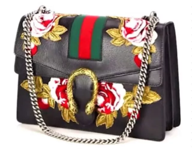 Authentic Gucci Dionysus Rose-Embroidered Black Leather Shoulder Bag $4,200