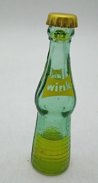 Vtg WINK Soda Pop Bottle Figurine Novelty Advertising Green Glass Mini Sealed