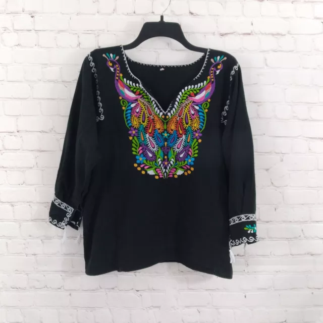 Top Womens Medium Black Embroidered 3/4 Sleeve Popover Boho Mexican Spanish