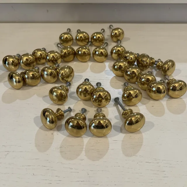 Lot of 32 Brass Knobs Drawer Cabinet Round Pulls 1-1/4” Diameter With Screws