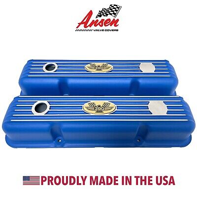 Ford FE 390 American Eagle Blue Short Valve Covers, Brass Plate, Ansen USA