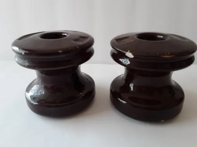 Set of 2 Vintage Porcelain Ceramic Insulators, Dark Brown, Stamped USA and GE