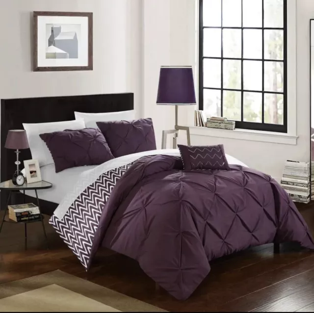 Chic Home Jacky 4 Piece Reversible Comforter Set, Purple, Full/Queen