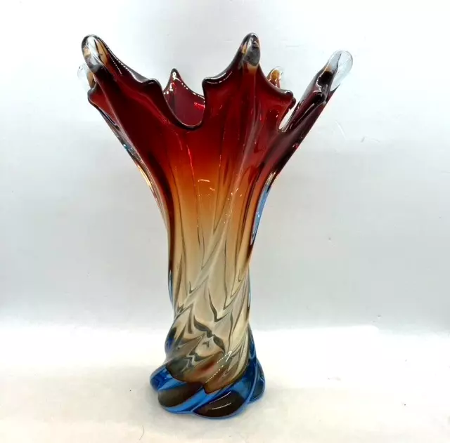 Vintage Murano Art Glass Vase Red and Blue twisted design Mid-century
