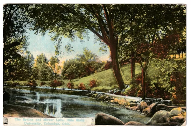 Columbus Ohio State University SPRING AND MIRROR LAKE 1921 Vintage OH Postcard