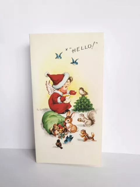 Vintage Christmas Card Eve Rockwell Angel Feeding Bird With Rabbit Squirrel Used