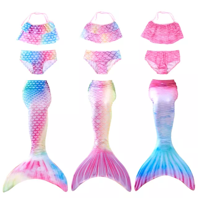 Girls Mermaid Tail Swimming Costume Swimmable Bikini Set Summer Swimsuit UK