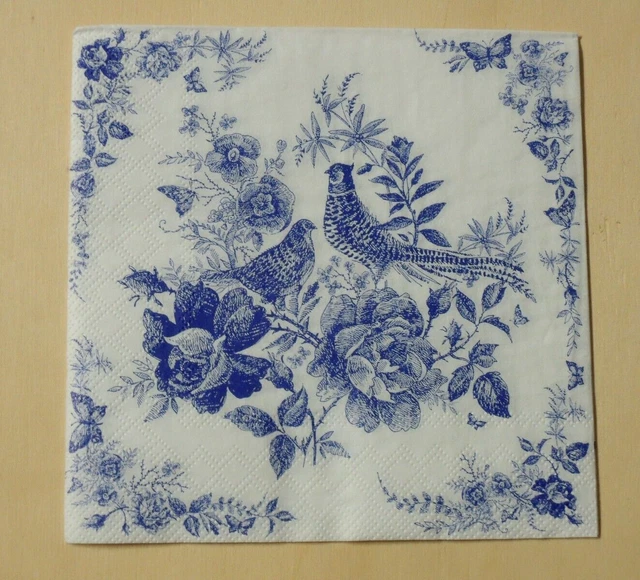 5 Servietten Fasan Rosen blau weiß Serviettentechnik Blumen filigran Schmetterli