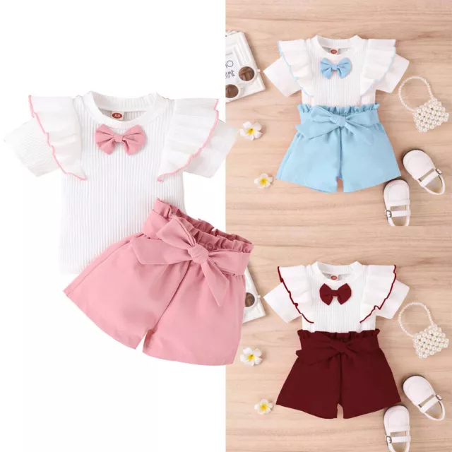 Kids Baby Girl Ruffle Bow Tops T-Shirt Shorts Set Toddler Summer Outfits Clothes