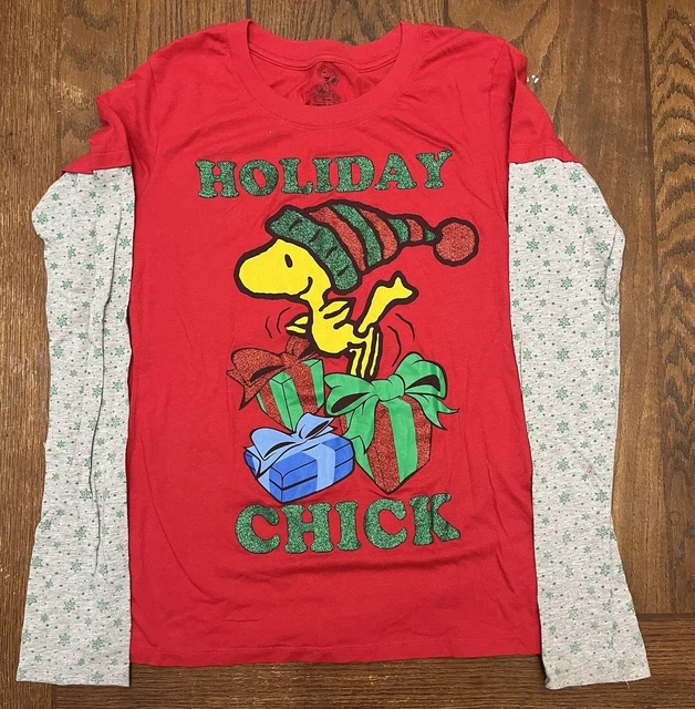 Girls XL Christmas Peanuts Woodstock Holiday Chick Red Green Sparkle 15-17 EUC