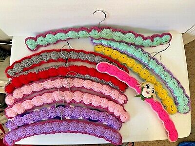 Lot of 10 Vintage old Handmade Crocheted Knit Wood Hangers Multicolor face head