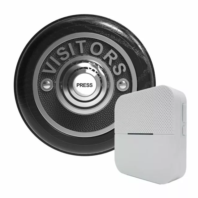 Traditional Round Wireless Doorbell VISITORS in Black Ash and Chrome