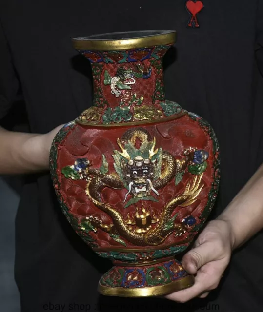 11.6 " Marked Qianlong Old Chinese lacquerware Dynasty Palace dragon Bottle Vase