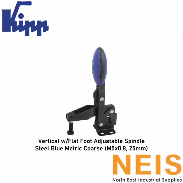 KIPP Toggle Clamp Vertical w/Flat Foot Adjust. Steel Blue MC M5x0.8 K0662.005001