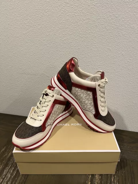 NIB $225 MICHAEL KORS Maddy Color-Block CRIMSON MULTI Signature Logo Trainer 6.5