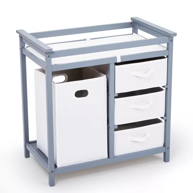 Wooden Baby Changing Station w/Laundry Hamper and 3 Drawer Basket &Changing Pad