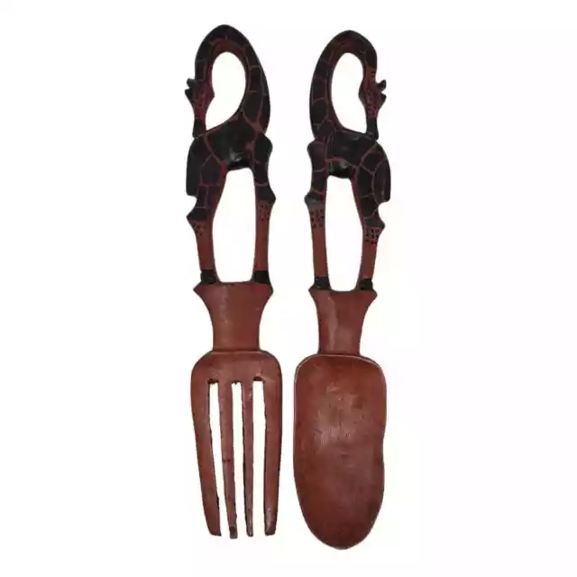 Wooden Giraffe Jungle Handle Salad Utensils Serving Set