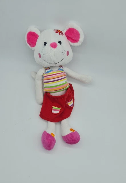 18 - Doudou Peluche Souris Noeud Robe Rose Rouge Fleur Rayure Raye Carre Blanc