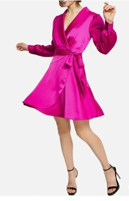 NWT Vince Camuto Fuchsia Pink Satin Long Sleeve Wrap Collar Dress Women's Size 4