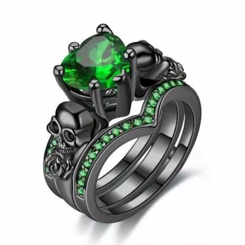 3Ct Heart Cut Lab Created  Green Emerald Skull Bridal Ring 14k Black Gold Plated 2