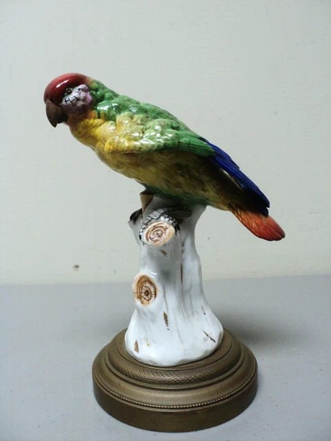 BEAUTIFUL ANTIQUE HAND PAINTED PORCELAIN BIRD FIGURINE on BRONZE BASE