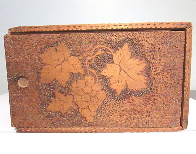 Burnt Wood Pyrography Folk Art Slide Top BOX Grapes Leaves Design Vintage