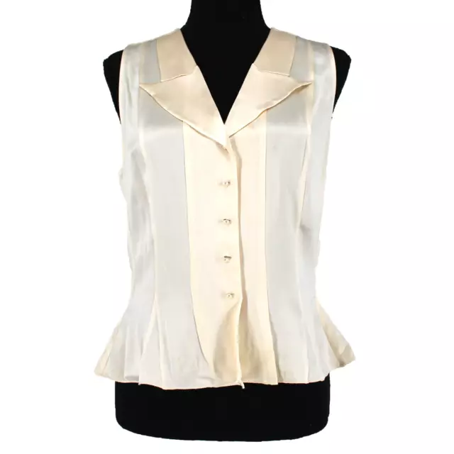 CHANEL Gold Leaf Button Silk Blouse Pleated Front Cream Cuffed Sleeve 44-10  Xl