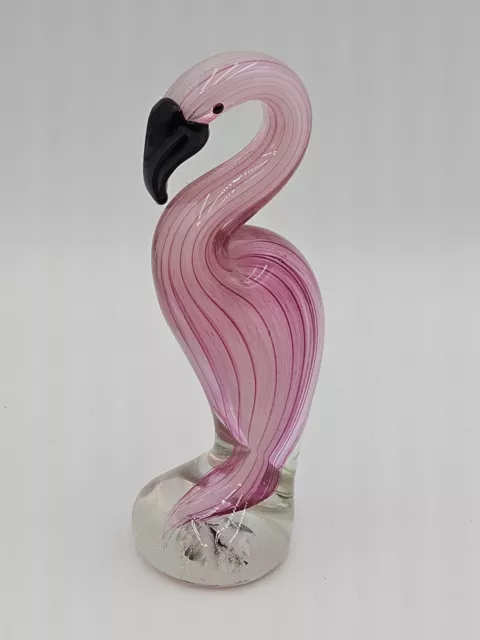 Hand Blown Glass Pink Flamingo Striped Black Beak 7.5 Inch Tall Figurine