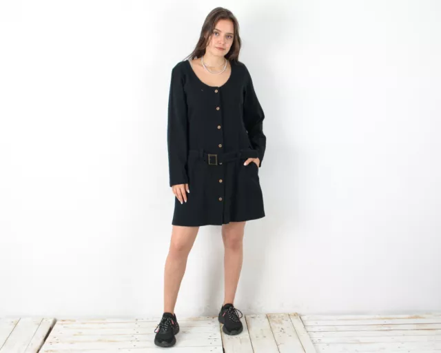 Femme L Noir Robe Lin Manches Longues Rétro Above le Genou Boutonné Français Vtg