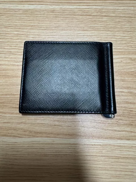PRADA BLACK SAFIANO Men's Leather Money Clip Bifold Wallet Card Holder ...