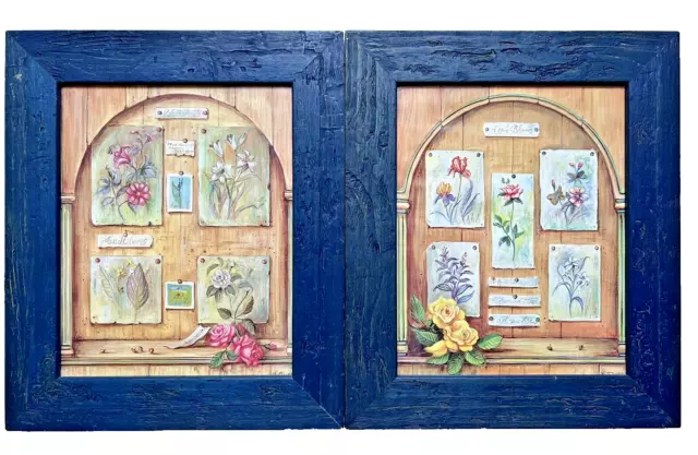 Pair Country Cottage Floral Print Botanic Picture Blue Wooden Frame Glass Cover