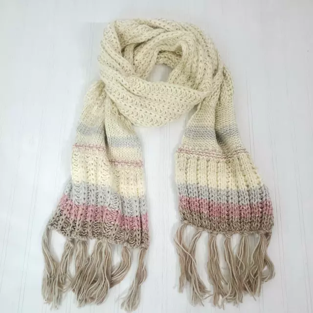 INC Womens Scarf Ivory Pink Striped Loose Knit Fringe Grey Tan 72" Muffler New