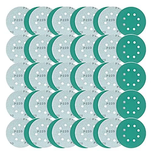 Sanding Discs 5 Inch Green Film 8 Hole Dustless Hook&Loop Wet Dry 220 Grit