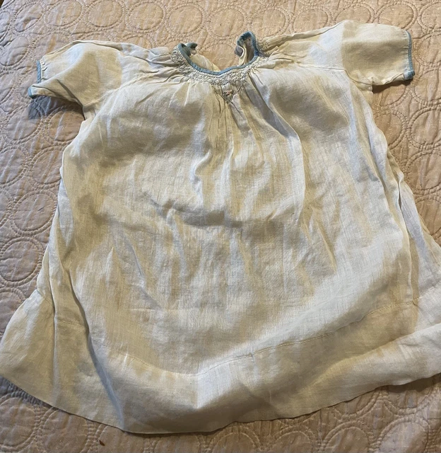 Antique christening gown, linen with light blue border, short sleeves
