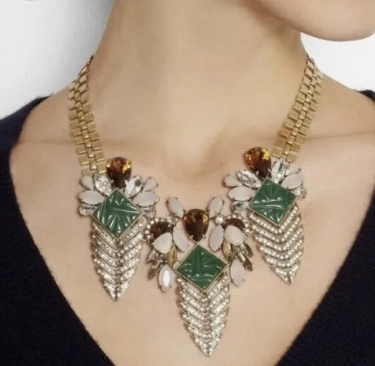 J crew crystal arrowhead arrow art deco bib necklace green amber gold multicolor