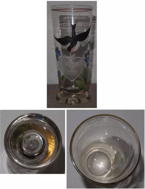 Glas Andenken an Stettin mit emailliertem Schwalben-Dekor um 1900