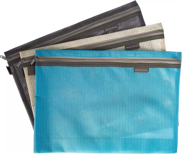 Mesh Zipper Bags, 3 PCS, Water-Resistant A4 Paper File Storage Office Document B