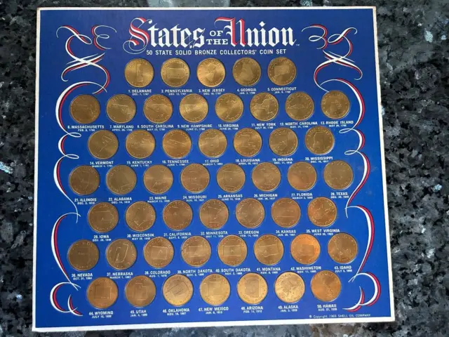 Vtg SHELL OIL States Of The Union 50 State Solid Bronze Collectors Coin Set 1969